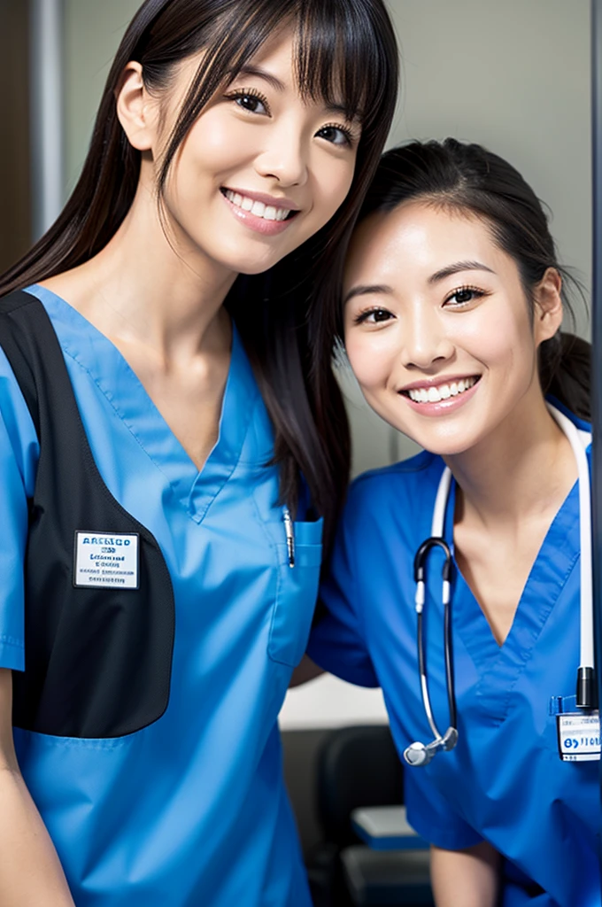 Dental hygienist, only two women Side by side, smiling, wearing black medical scrubs Black, short sleeves, cute, Japanese, black hair, female, early 20s Upper body close-up high resolution Highest quality Don't press your face too much