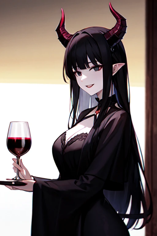 An anime girl with long straight black hair with straight bangs, pale skin and completely black eyes like two empty wells, with big horns on his head, burgundy victorian dress with black tones, carries a glass of elegant wine with a malevolent smile