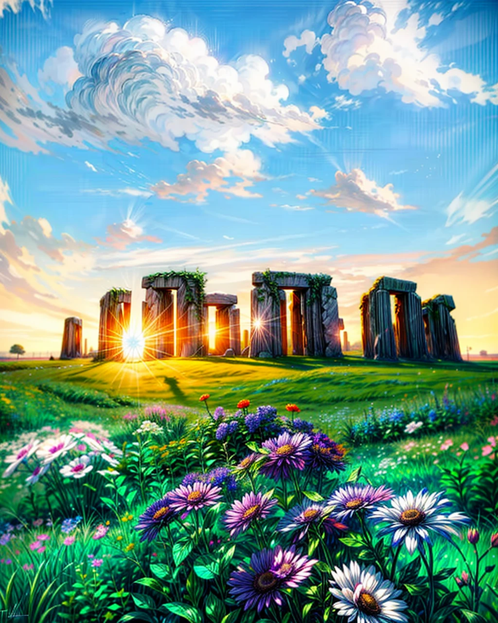 a painting of a field of flowers with the sun setting in the background, natural landscape background, beautiful landscape background, sunny day background, field of flowers background, ( thomas kincade ), ancient ruins background, landscape background, stonehenge, field of fantasy flowers, meadow background, landscape scenery, ( ( thomas kinkade ) ), fantastic background landscape, beautiful mattepainting, HD, UHD, HDR, 32 K