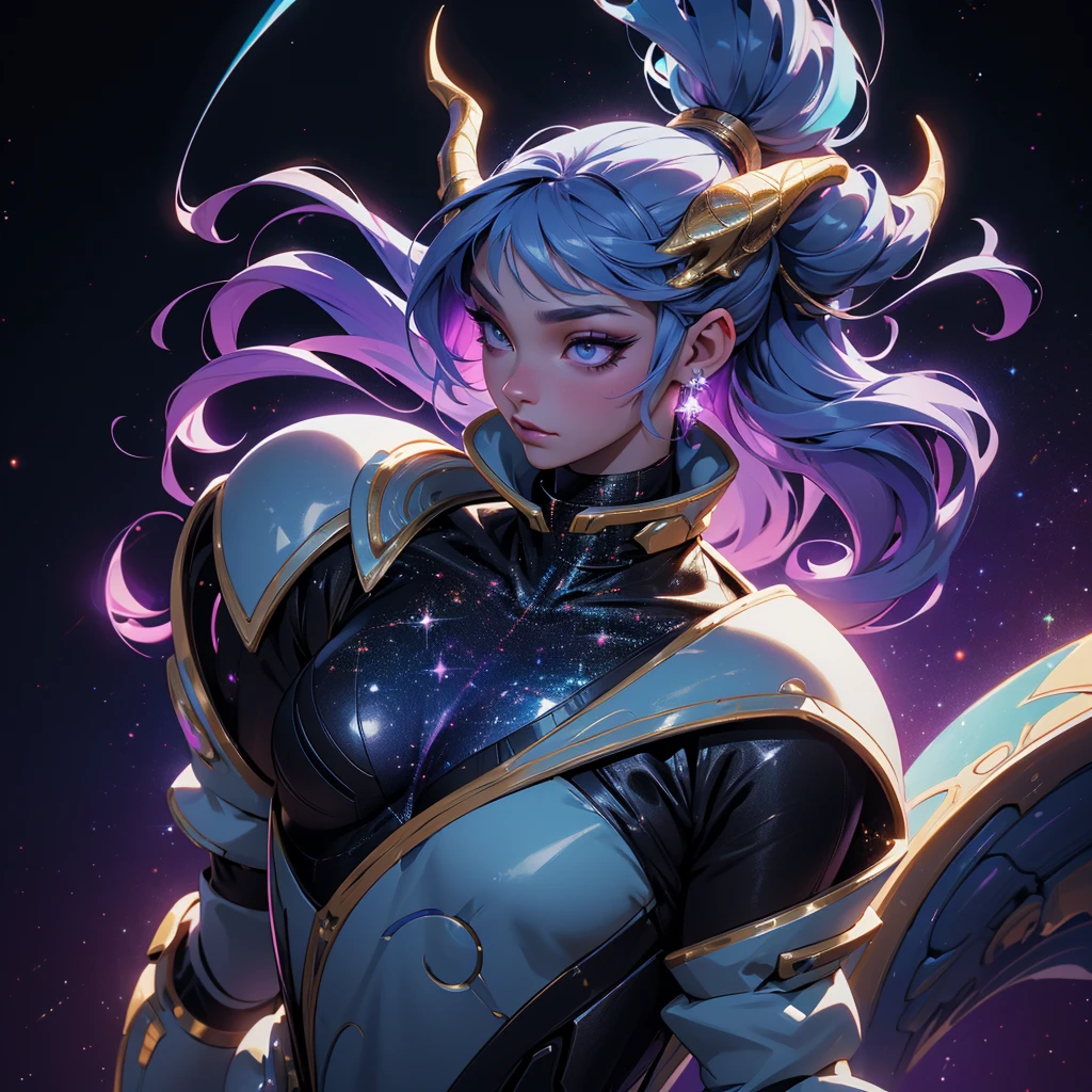 A space dragon sitting at the edge of the universe, lonely, sad, void, stars, the stars mixed in the sea, a sea of stars, ethereal woman, Blue and purple hair , space buns, space outfit, white black and gold outfit, golden dragon horns and tail, space outfit, space suit, mass effect suit, perfectly drawn face, black dress, stars detailed background, prismatic lighting, glitter, whole body, walking on the stars with crystal shoes A beautiful dragon humanoid woman with space hair of variant shades of blue and purple with space buns in hair , Golden scanes on the face and shoulders, Anime, 4k, Beautiful woman with a golden dragon tail and horns, Space hair, Floating in space, Vintage space Attire, floating through space, dancing, havign fun, Space Witch, Witch, Older woman, Toned physique, long hair with side bangs, humanoid face with scales, human with dragon horns and tail, witch outfit, body suit, thigh boots, wearing black, white and gold, blue hair, purple hair, Woman in space with water rippling reflecting the night sky, space and water mixed today, dancing in space, floating, ethereal dragon at the edge of the universe, end of the universe