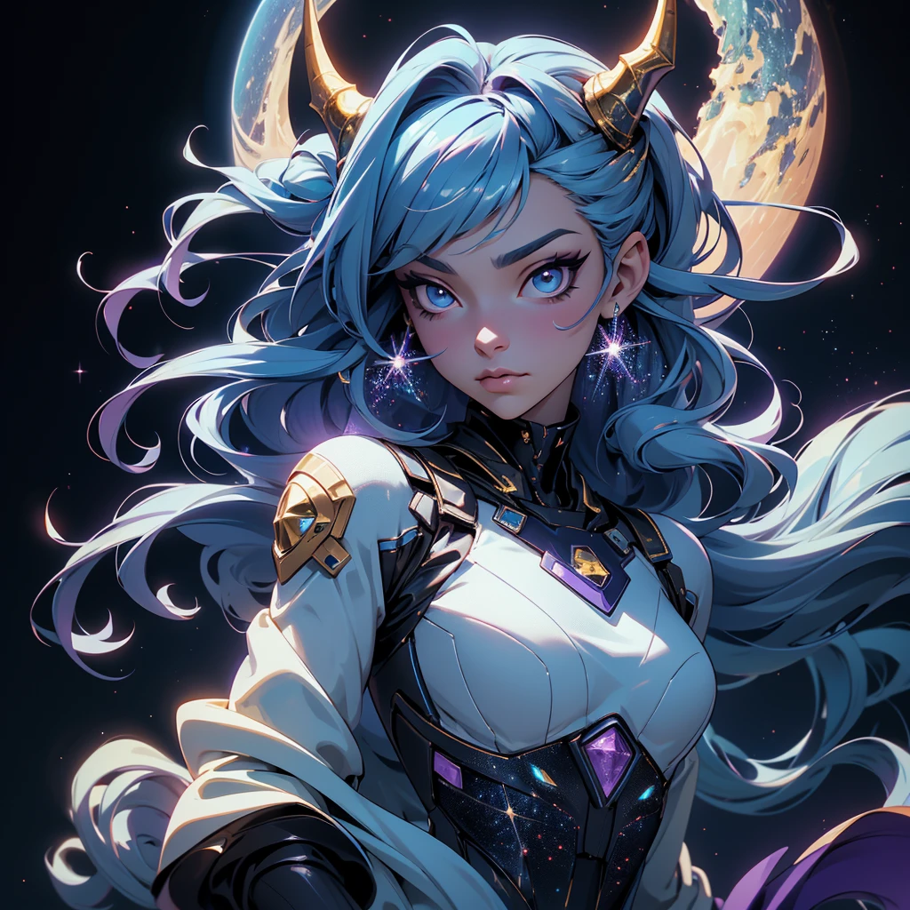 A space dragon sitting at the edge of the universe, lonely, sad, void, stars, the stars mixed in the sea, a sea of stars, ethereal woman, Blue and purple hair , space buns, space outfit, white black and gold outfit, golden dragon horns and tail, space outfit, space suit, mass effect suit, perfectly drawn face, black dress, stars detailed background, prismatic lighting, glitter, whole body, walking on the stars with crystal shoes A beautiful dragon humanoid woman with space hair of variant shades of blue and purple with space buns in hair , Golden scanes on the face and shoulders, Anime, 4k, Beautiful woman with a golden dragon tail and horns, Space hair, Floating in space, Vintage space Attire, floating through space, dancing, havign fun, Space Witch, Witch, Older woman, Toned physique, long hair with side bangs, humanoid face with scales, human with dragon horns and tail, witch outfit, body suit, thigh boots, wearing black, white and gold, blue hair, purple hair, Woman in space with water rippling reflecting the night sky, space and water mixed today, dancing in space, floating, ethereal dragon at the edge of the universe, end of the universe