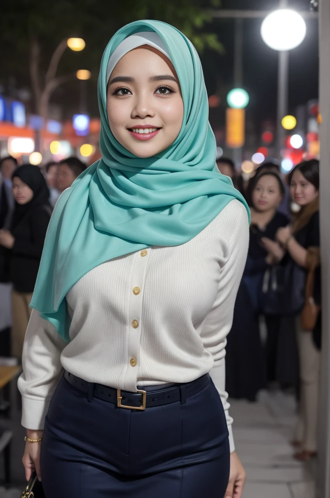 Malay girl long white hijab , wear sexy pastel blue office outfit, suits, smiling, wear gold necklace, front view, windy, detail skin, age spot, detail skin texture, mole below eyes, wide hips, thick thighs, beautiful body, morning, laughing, happy, bright lighting, Forest in background, nighttime, blur background, bokeh, location: kuala lumpur city street