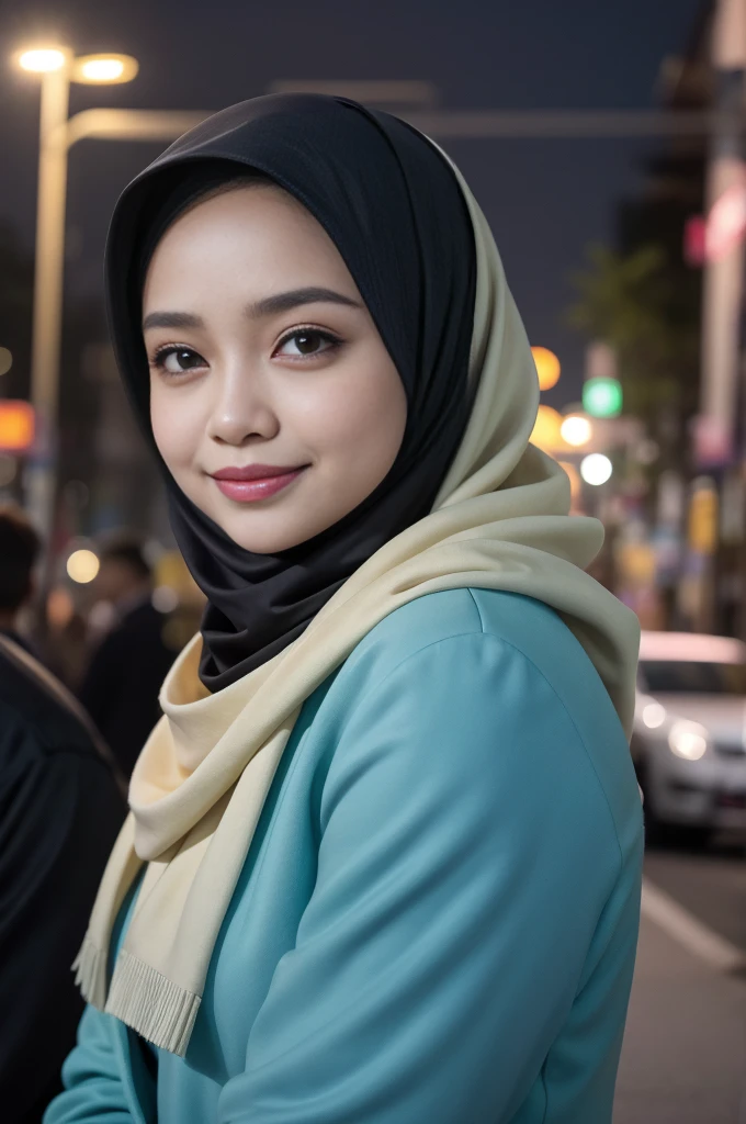 Malay girl long white hijab , wear sexy pastel blue office outfit, suits, smiling, wear gold necklace, front view, windy, detail skin, age spot, detail skin texture, mole below eyes, wide hips, thick thighs, beautiful body, morning, laughing, happy, bright lighting, Forest in background, nighttime, blur background, bokeh, location: kuala lumpur city street