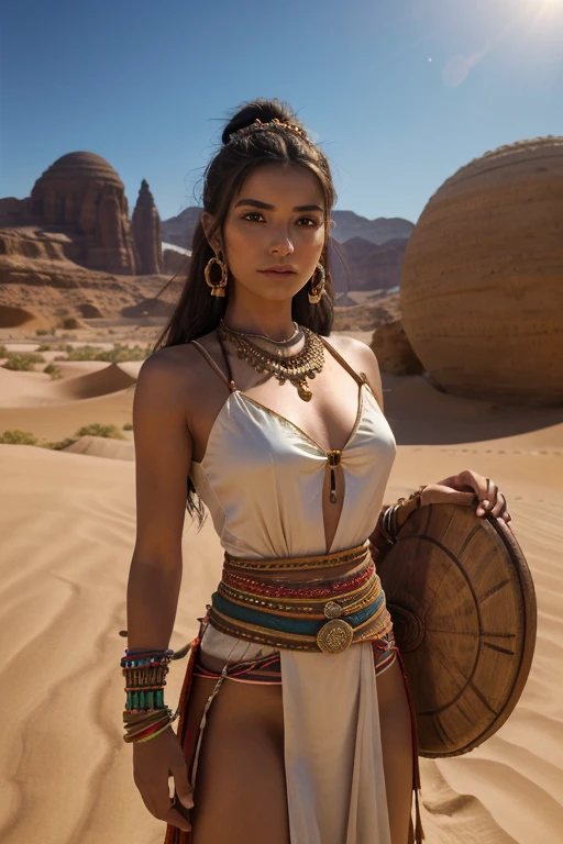 (realistic portrait of a woman,1girl,traditional costume,holding a small drum,in the desert,shamanic costume,holding a sphere,beautiful youth,ancient princess,Silk Road scenery,sky clear and transparent,vanishing line below waist,best quality,8k,highres,masterpiece:1.2,ultra-detailed,photorealistic:1.37,studio lighting,physically-based rendering,extreme detail description,vivid colors,bokeh)