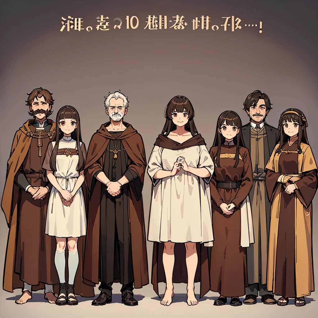 ((((Full body character concept、10 people))))、Highest quality, Best Quality,Best illustrations、middle ages、(((Simple brown robe)))、(40-year-old uncle、Kaiser moustache)、(Close your eyes、Close your eyes、smile)
