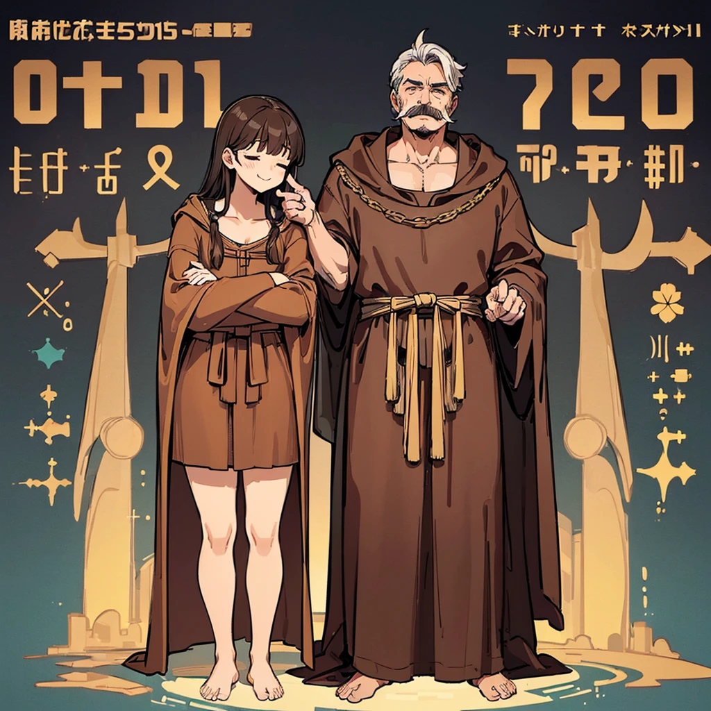 ((((Full body character concept、10 people))))、Highest quality, Best Quality,Best illustrations、middle ages、(((Simple brown robe)))、(40-year-old uncle、Kaiser moustache)、(Close your eyes、Close your eyes、smile)