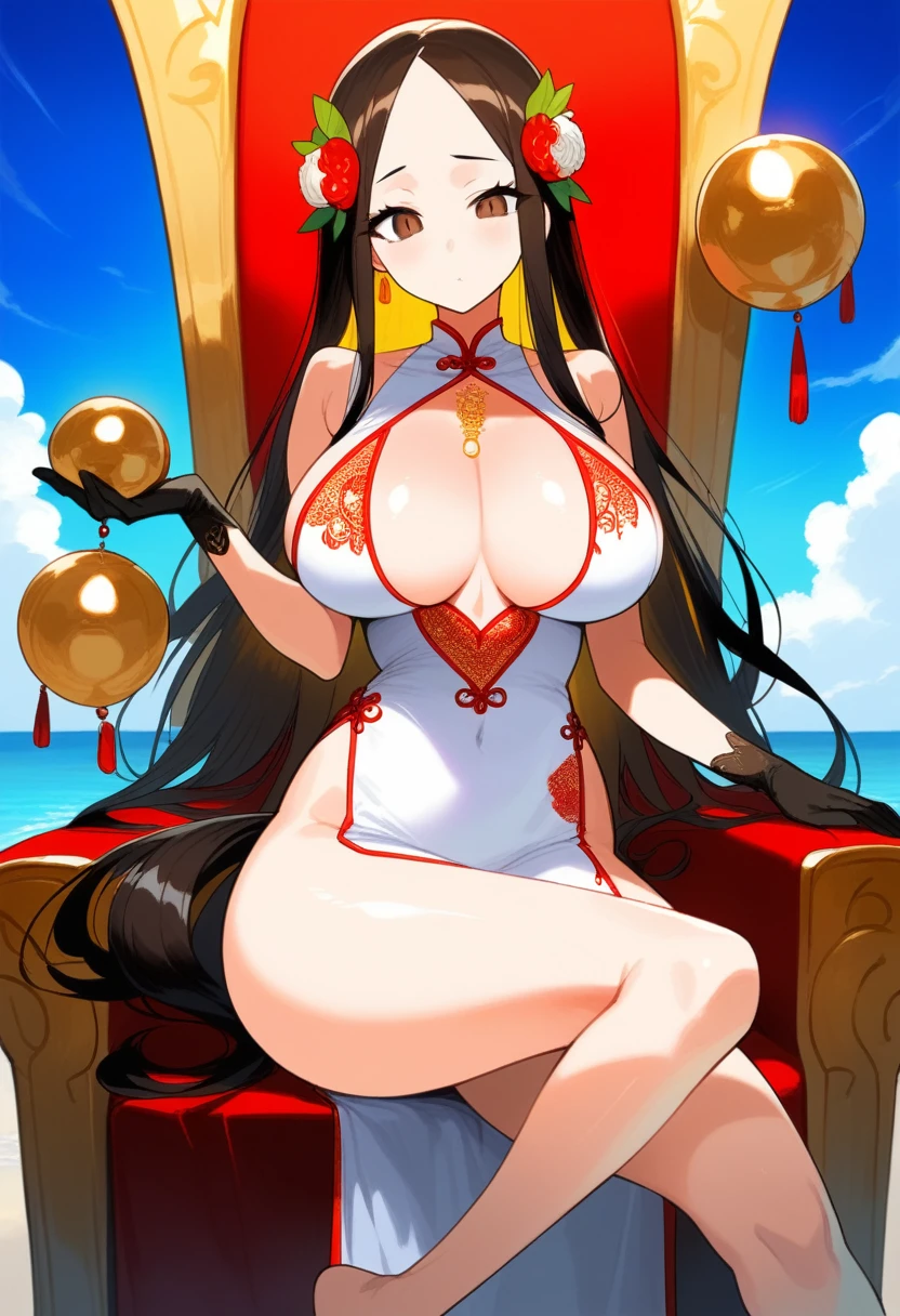 (((best quality))), ((ultra-detailed)), ((an extremely delicate and beautiful)), ((16k)), realistic, hd, cgi, gleaming hair, gleaming skin, gleaming dress, Character focus, solo, sitting down pose on a high throne, strong light coming in, sharp focus, illustration, game cg, anime, solo, curvy, (big breasts:1.3), forehead, ( white gold lining Chinese Lace Up Cheongsam Open Chest Bodycon Dress High Slit Qipao mini), faste collarbone, (belly:0.9), looking at the viewer, ocean, flower hair ornament, accessories, backlighting, shiny skin, shiny body, chibi, gloves, necklace, jewellery, black-brown hair, bead necklace, red faded into black colored hair, brown eyes, long hair, black bunny ears, red ombre hair, red-black hair, more yellow hair streaks, smaller dress, mommy goddess, thighs, looking down at the viewer, bare feet directed at the viewer, goddess, female dominance, high pony tail