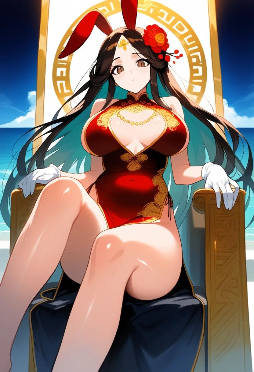 (((best quality))), ((ultra-detailed)), ((an extremely delicate and beautiful)), ((16k)), realistic, hd, cgi, gleaming hair, gleaming skin, gleaming dress, Character focus, solo, sitting down pose on a high throne, strong light coming in, sharp focus, illustration, game cg, anime, solo, curvy, (big breasts:1.3), forehead, ( white gold lining Chinese Lace Up Cheongsam Open Chest Bodycon Dress High Slit Qipao mini), faste collarbone, (belly:0.9), looking at the viewer, ocean, flower hair ornament, accessories, backlighting, shiny skin, shiny body, chibi, gloves, necklace, jewellery, black-brown hair, bead necklace, red faded into black colored hair, brown eyes, long hair, black bunny ears, red ombre hair, red-black hair, more yellow hair streaks, smaller dress, mommy goddess, thighs, looking down at the viewer, bare feet directed at the viewer, goddess, female dominance, high pony tail