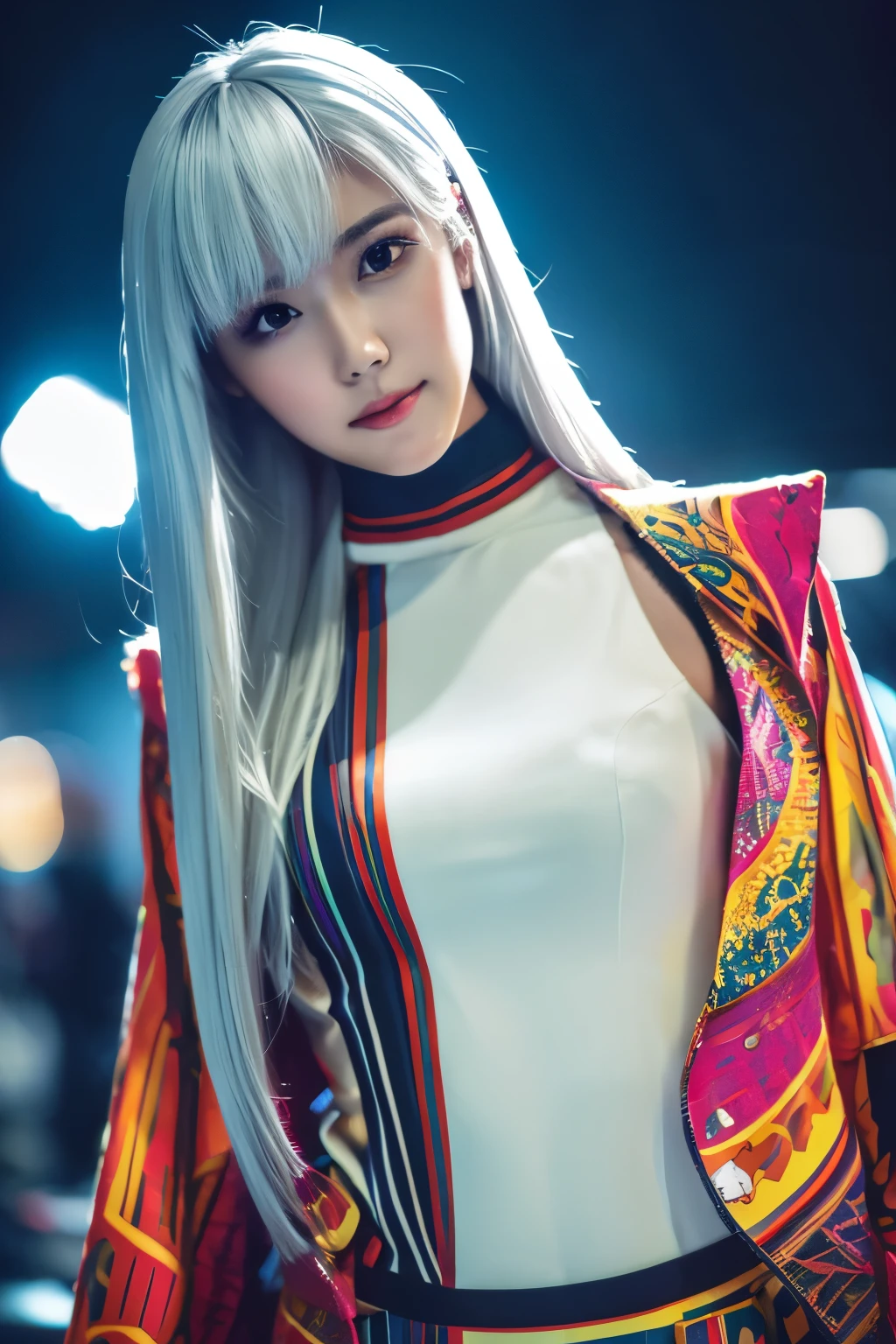 Masterpiece, high quality, high resolution, 8K, (solo:1.2), ((1girl)), Japanese woman, detailed face, detailed eyes, correct body structure, upper body, ((White hair:1.2)), very long hair, messy hair, slender body,  silhouette, luminous bones, depth of field, dark photo at nighttime, dimly lit, bangs, Cinematic Lighting, Tyndall effect, abstract background, futuristic outfits, vibrant colors, modern style, wide sleeves, artistic, unique patterns, colorful, stylish, trendy