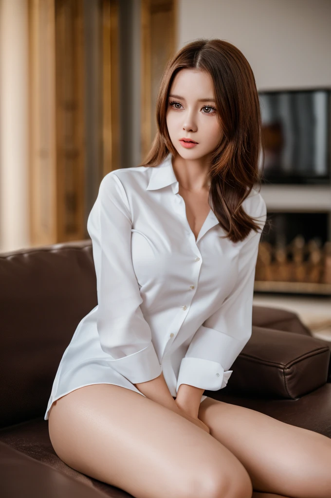 a 29 year old face of the most beautiful actress in the world, the perfect body proportions of a female, tight formal shirt is worn on female upper body, female genitalia of lower body, detailed vagina between opened legs, exposed vagina between opened labia, naked crotch of a female, sitting on a sofa of the living room, nsfw, best quality, highly detailed, masterpiece, ultra high res, photo realistic, 8k