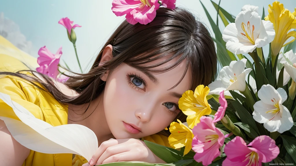32k, Masterpiece, Highest quality, One girl, Detailed eyes, flower,gladiolus, Yellow and pink style,A dreamy, romantic piece,Pale yellow, Mysterious Leaves,A playful arrangement,Fantasy,High Contrast,Ink strokes,explosion,Exposure, Impression of yellow and white tones,Abstract,((Watercolours by John Berkey and Jeremy Mann )) Brush strokes,Negative Space, Tyndall effect,