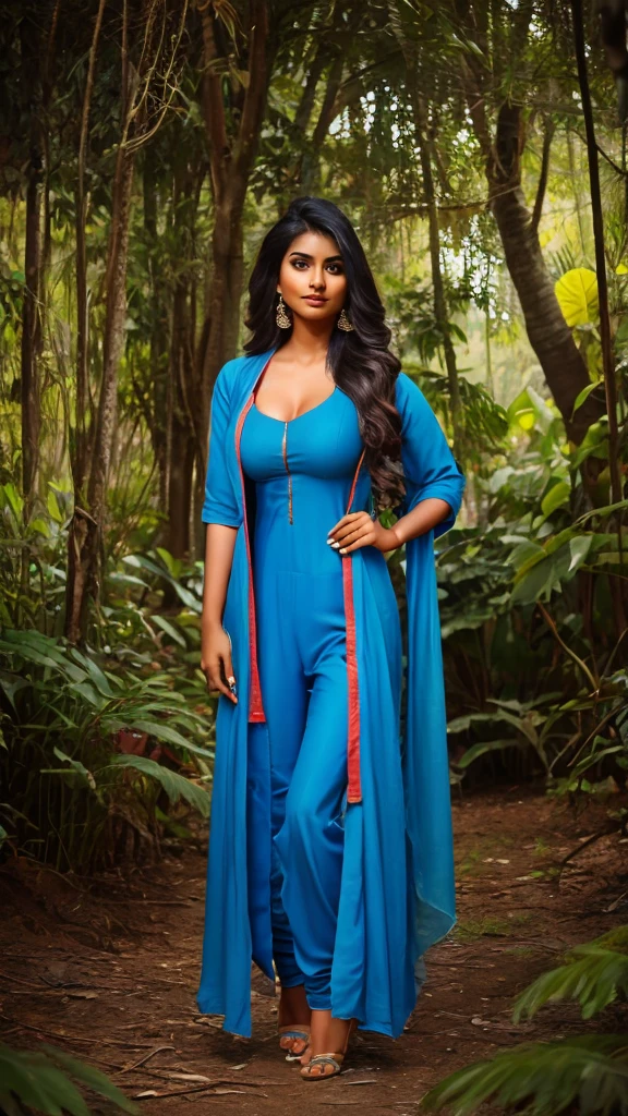 beautiful young Indian women,yo 24,wearing salwar and kameez,blue salwar and kameez,wearing dupatta, beautiful lips,red lips,beautiful face,big breast,beautiful nose,full body, standing position,8k quality,jungle background,realistic