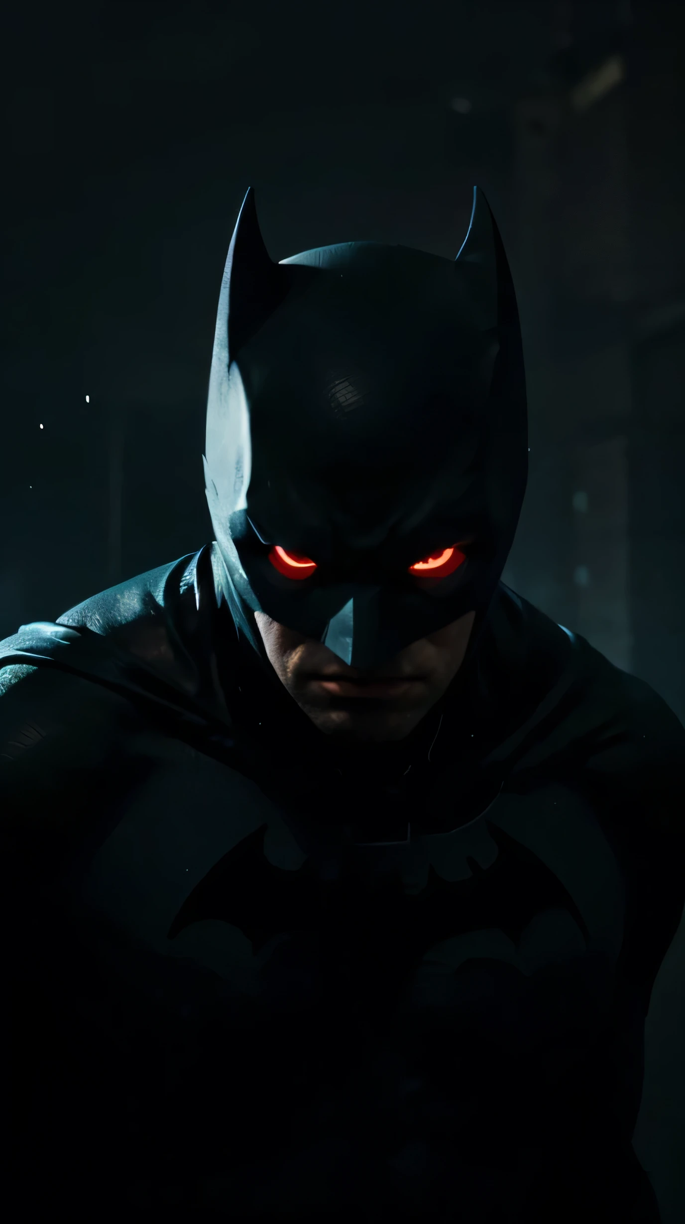 Create a wallpaper for phone : image of batman with glowing neon eyes, super ultra HD, hyper fidelity