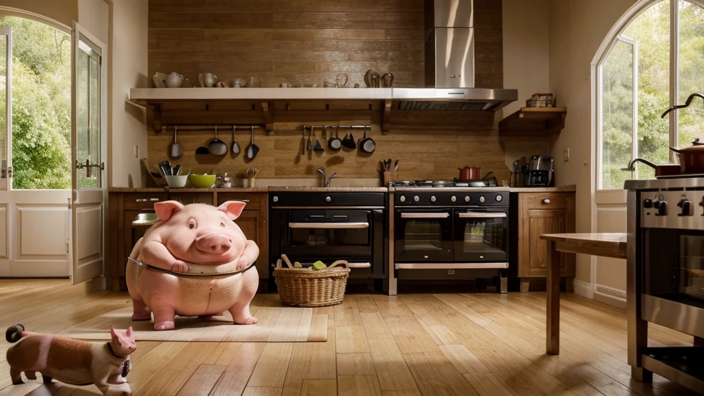 A hyper-realistic image of a very large and busy kitchen with a very large pot on a large stove. The chef intends to cook a pig, but the pig is in a state of concentration and yoga meditation to prepare itself. The chubby ugly chef is standing and looking in surprise