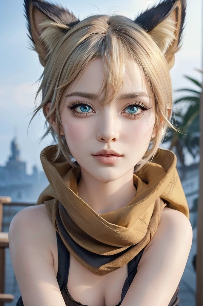 beautiful furry girl, short yellow hair with cat ears, wearing a scarf around her neck, wearing a bra, big  beautiful detailed eyes, beautiful detailed lips, extremely detailed face, long eyelashes, portrait, fantasy, realistic, photorealistic, 8k, high quality, masterpiece, vibrant colors, soft lighting