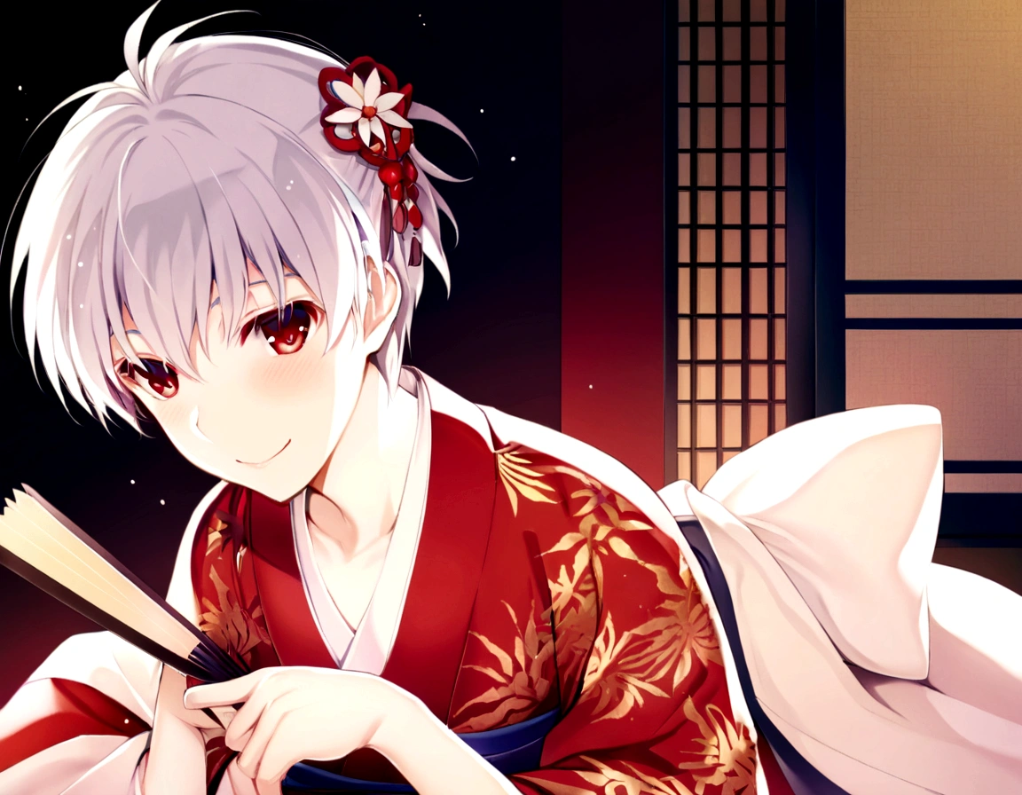 masterpiece, best quality, kaworu nagisa, cute, hot, elegant, seductive, red eyes, 1boy, ancient japan background, boy wearing female kimono, red decorative kimono, hair accessories, holding fan, smiling sweetly
