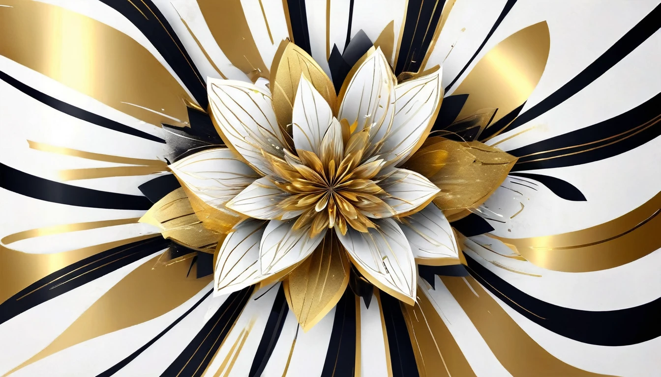 Design a symmetrical 2D gift wrap with bold black and white abstract lines. Include a narrow line in metallic gold, and integrate symmetrical flower vectors.