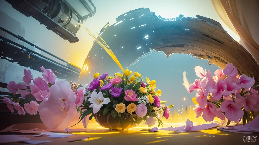 32k, Masterpiece, Highest quality, One girl, Detailed eyes, flower,gladiolus, Yellow and pink style,A dreamy, romantic piece,Pale yellow, Mysterious Leaves,A playful arrangement,Fantasy,High Contrast,Ink strokes,explosion,Exposure, Impression of yellow and white tones,Abstract,((Watercolours by John Berkey and Jeremy Mann )) Brush strokes,Negative Space, Tyndall effect,