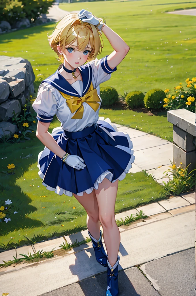 Sailor Uranus,One girl,Blonde,blue choker,Blue footwear,blue Sailor collar,blue skirt,boots,choker,Circlet,Earrings,gloves,jewelry,Magical girl,plant,Sailor collar,Sailor Mercury,Sailor Warrior Uniforms,Sailor Uranus,short hair,skirt,alone,star choker,tiara,very short hair,white gloves,Yellow ribbon, masterpiece、Highest quality、High resolution、High-quality images、8K, 1 female、Skin luster、Skin Texture、Expression of fine eyes, realism, detailed manga style, Manga art style, Perfect Line Drawing, Beautiful line art, digital manga art girl, clear, charm, naked, squat, Put your hands together above your head