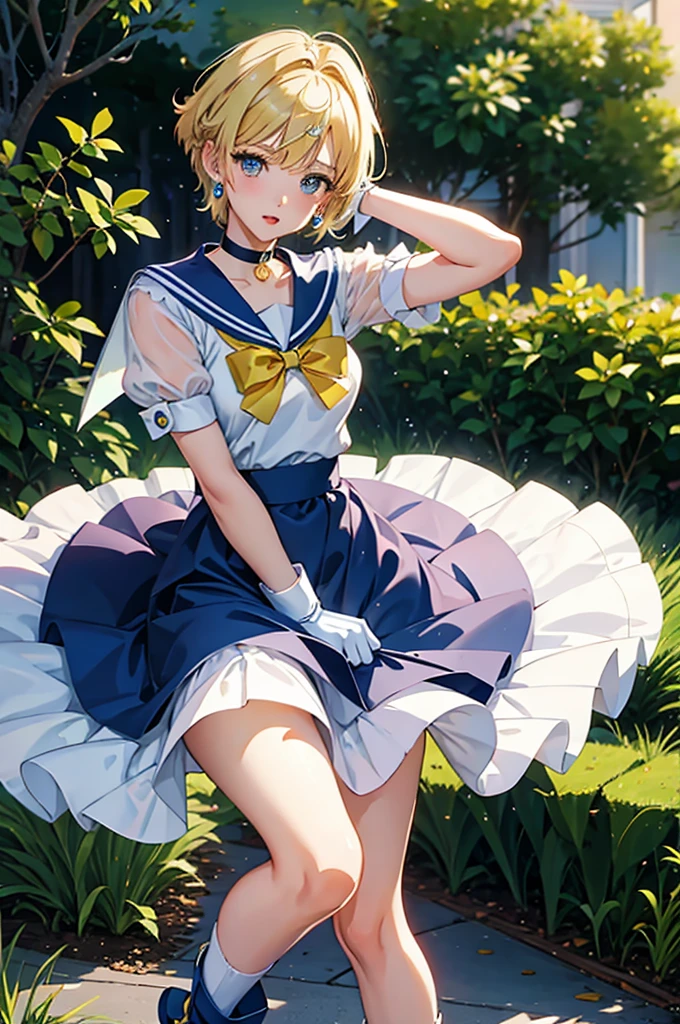 Sailor Uranus,One girl,Blonde,blue choker,Blue footwear,blue Sailor collar,blue skirt,boots,choker,Circlet,Earrings,gloves,jewelry,Magical girl,plant,Sailor collar,Sailor Mercury,Sailor Warrior Uniforms,Sailor Uranus,short hair,skirt,alone,star choker,tiara,very short hair,white gloves,Yellow ribbon, masterpiece、Highest quality、High resolution、High-quality images、8K, 1 female、Skin luster、Skin Texture、Expression of fine eyes, realism, detailed manga style, Manga art style, Perfect Line Drawing, Beautiful line art, digital manga art girl, clear, charm, naked, squat, Put your hands together above your head