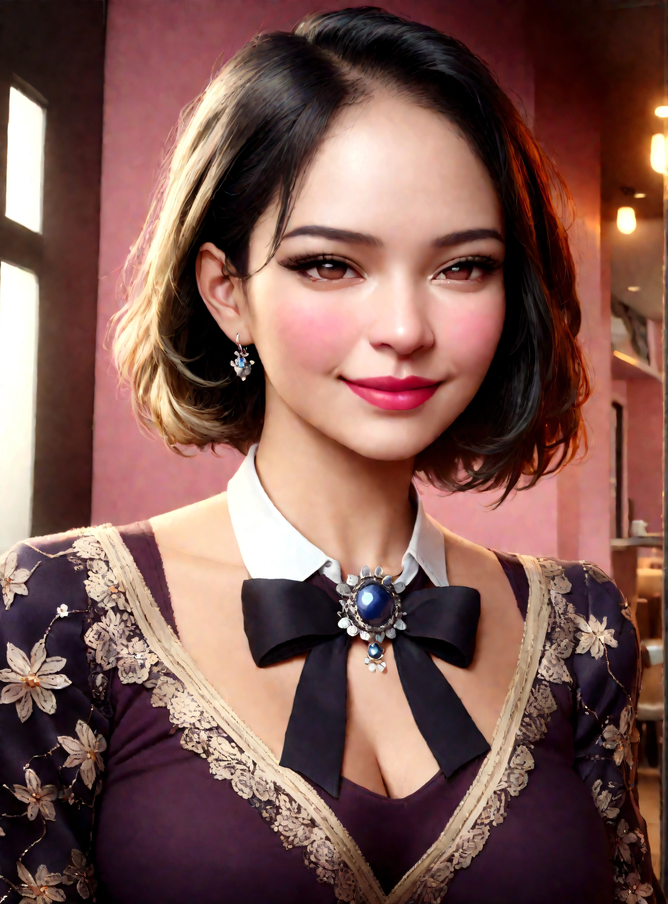 (8k, RAW photo, best quality, masterpiece:1.2), (realistic, photo-realistic:1.37), ultra-detailed,
1 girl,cute, solo,beautiful detailed sky,detailed cafe,night,sitting,dating,(nose blush),(smile:1.1),(closed mouth),large breasts, seductive smile, large aparture, professional lighting, Sony A7R4, Zessie 50mm F1.8,
medium breasts,beautiful detailed eyes,(collared shirt:1.1), bowtie,pleated skirt,(short hair:1.2),floating hair