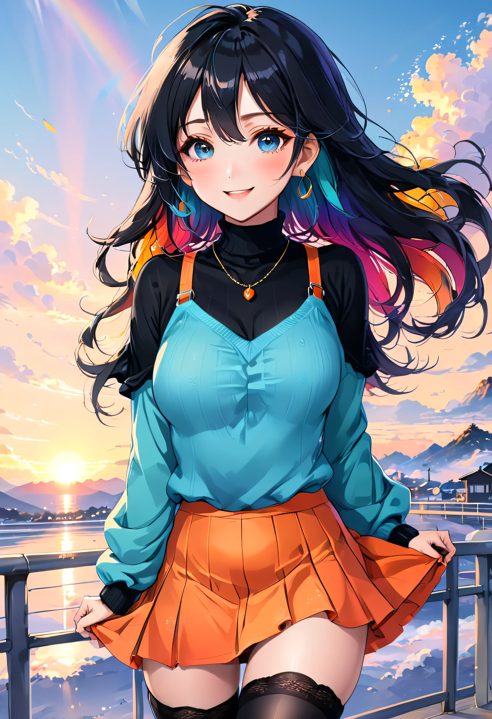 a cute anime girl, 20 years old, short black wavy long hair, bangss, rainbow hair, vibrant colors, Puffy nipple, (Black Turtleneck Knit), (Orange long skirt), Black stockings, Medium milk, cute smile face, ((Poses that emphasize the buttocks, turned around)), sexy hips, Black High Heels, Big necklace, ((((the wind blew my skirt, expose my panties...)))), (Light blue lace panties), Cute earrings, (Tilt your head slightly), (watching the beautiful sunrise...), anime style