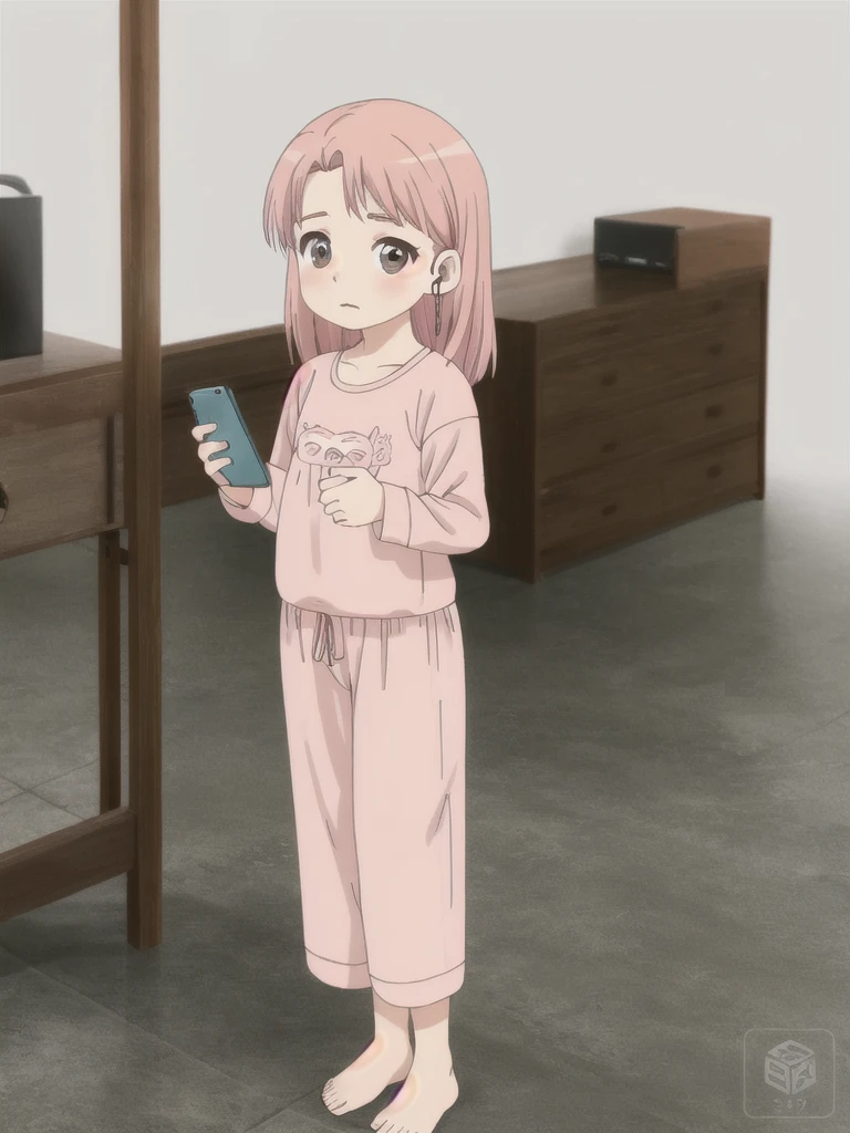 Standing image, full body, pose holding in pee, flushed face, drunk face, confused expression, teary eyes, sitting, holding smartphone in one hand, earphone mic in both ears, salmon pink hair, medium length hair, woman around 40 years old, adult female figure, baby face, big eyes, cute eyes, brown eyes, normal breasts, wearing loungewear, Bad anatomy, masterpiece, high quality, high resolution, plain white background,