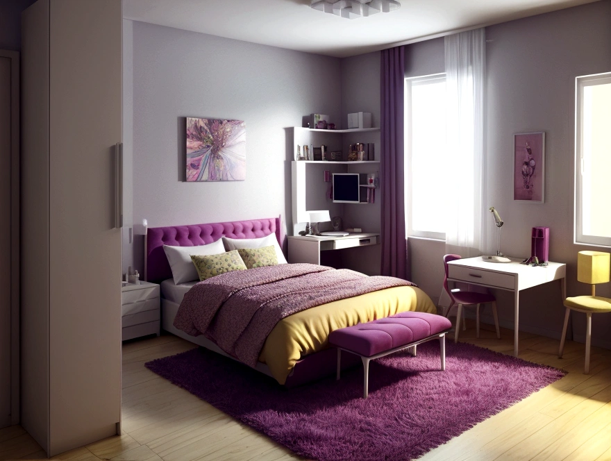 there is a room with a bed, desk, and a chair in it, 3d CAD rendering, basic 3 d rendering, photorealistic room, house interior, 3d unreal render, an interior of room, in style of 3d render, 3d scene, 3 d scene, inside of a bedroom, 3d cg, 3 d cg, very realistic 3 d render