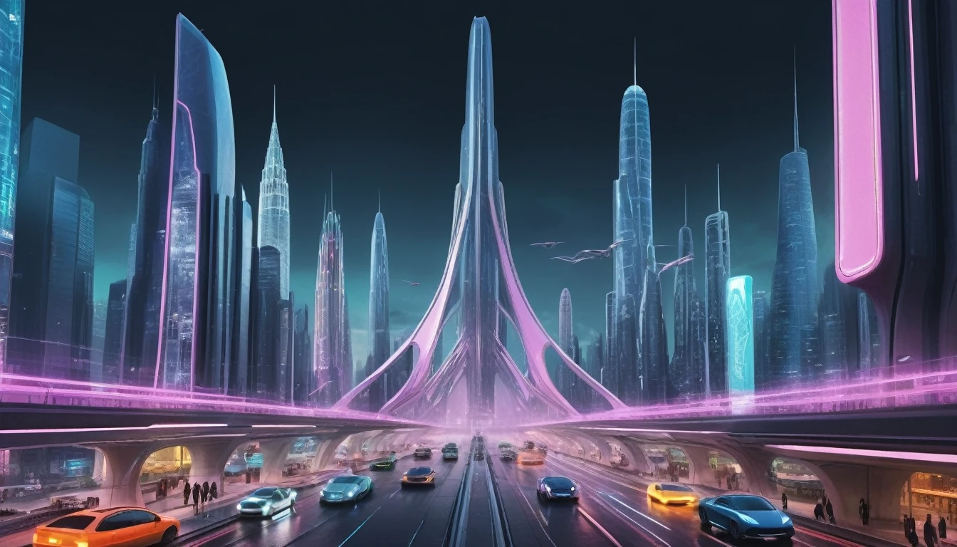 Construct a spellbinding image of a quintessentially futuristic metropolis boasting towering structures imbued with cutting-edge architectural styling. Integrate gravity-defying vehicles navigating gracefully amongst sophisticated networks of hovering transportation systems. Bathed in ethereal neon hues, immerse yourself in an environment pulsating with vitality and dynamism. Populate the streets with individuals casually traversing the urban landscape, garbed in avant-garde fashion reflecting the sleek lines and metallic sheens synonymous with the genre. Deliver an absolutely breathtaking degree of realism, characterized by exhaustively intricate details, amplifying the immersion factor of the experience and solidifying the perception of existing within a tangible, alternate reality.