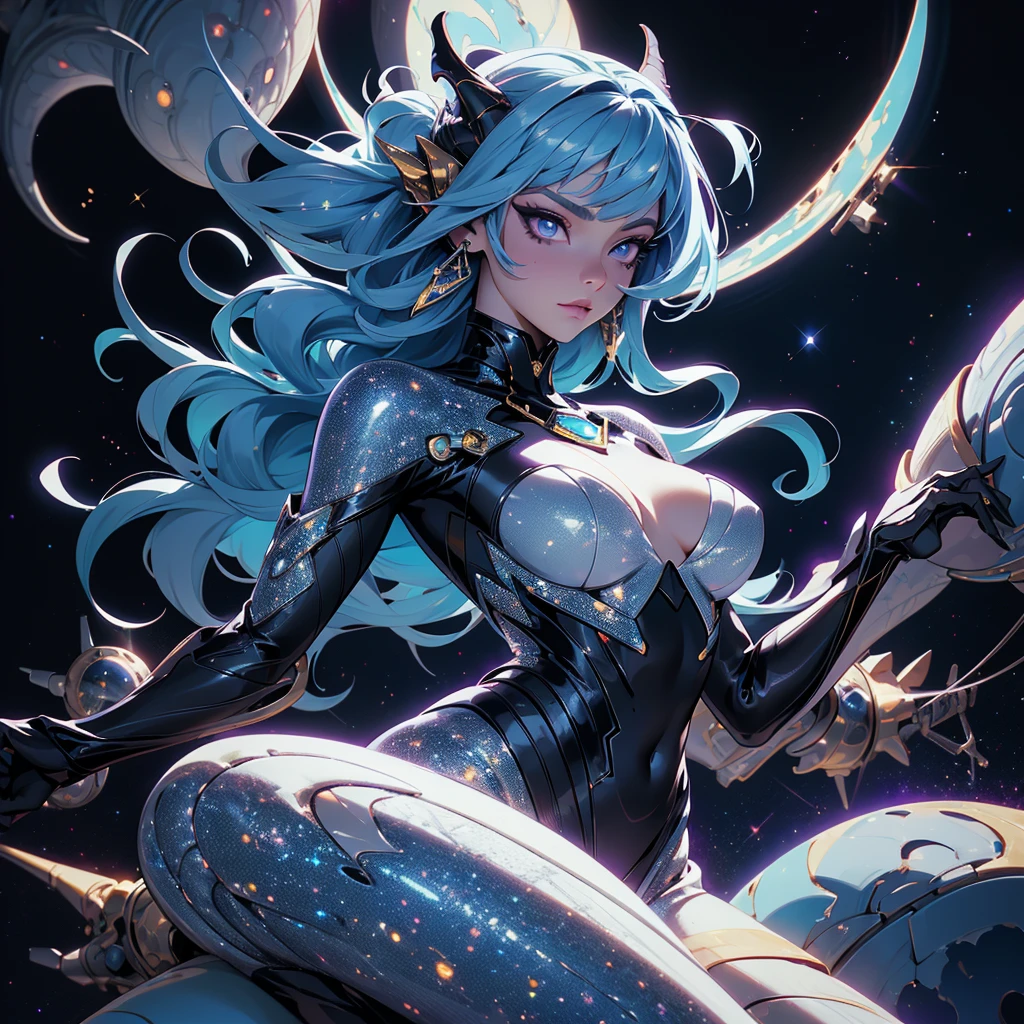 A space dragon sitting at the edge of the universe, lonely, sad, void, stars, the stars mixed in the sea, a sea of stars, ethereal woman, Blue and purple hair , space buns, space outfit, white black and gold outfit, golden dragon horns and tail, space outfit, space suit, mass effect suit, perfectly drawn face, black dress, stars detailed background, prismatic lighting, glitter, whole body, walking on the stars with crystal shoes A beautiful dragon humanoid woman with space hair of variant shades of blue and purple with space buns in hair , Golden scanes on the face and shoulders, Anime, 4k, Beautiful woman with a golden dragon tail and horns, Space hair, Floating in space, Vintage space Attire, floating through space, dancing, havign fun, Space Witch, Witch, Older woman, Toned physique, long hair with side bangs, humanoid face with scales, human with dragon horns and tail, witch outfit, body suit, thigh boots, wearing black, white and gold, blue hair, purple hair, Woman in space with water rippling reflecting the night sky, space and water mixed today, dancing in space, floating, ethereal dragon at the edge of the universe, end of the universe