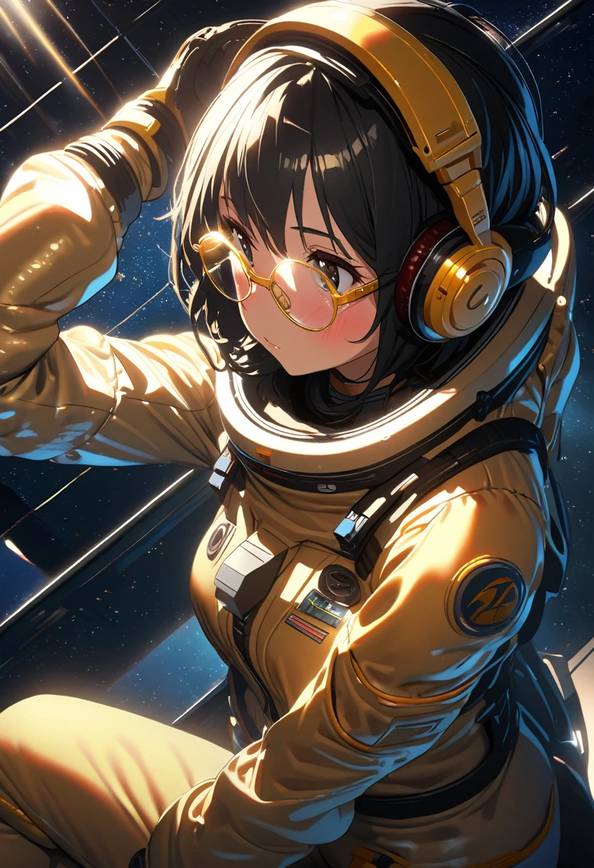(extremely detailed fine touch:1.3), (hard light, studio light, light rays, dappled light, reflection, shadows, ray tracing:1.0), (2D:1.3), girl, solo, very short black hair, (((yellow underrim glasses:1.3))), (headphones:1.2), blush, spacesuit, space helmet, space, Space Colony,