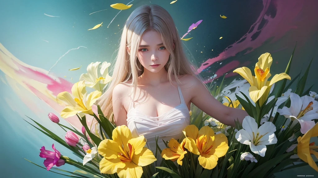 32k, Masterpiece, Highest quality, One girl, Detailed eyes, flower,gladiolus, Yellow and pink style,A dreamy, romantic piece,Pale yellow, Mysterious Leaves,A playful arrangement,Fantasy,High Contrast,Ink strokes,explosion,Exposure, Impression of yellow and white tones,Abstract,((Watercolours by John Berkey and Jeremy Mann )) Brush strokes,Negative Space, Tyndall effect,