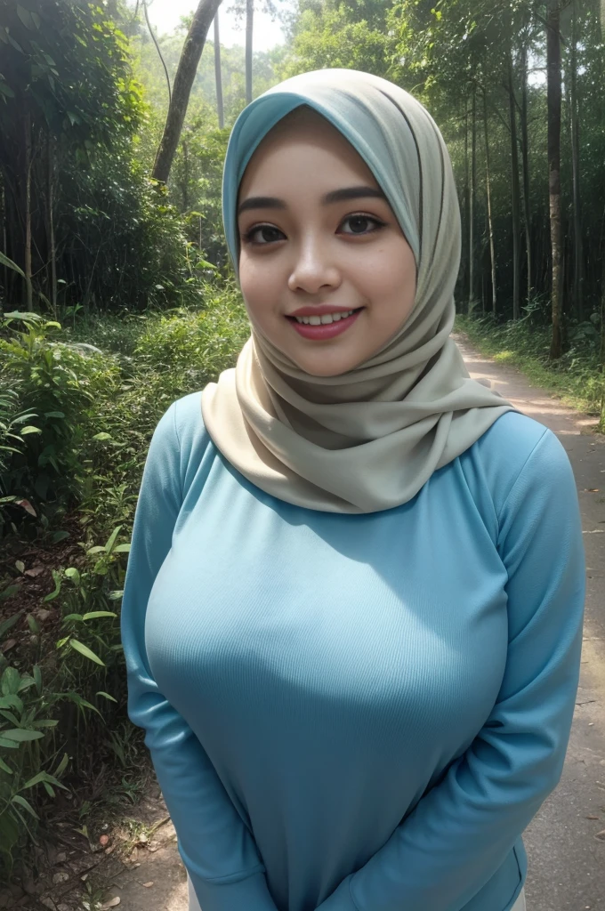 ((HEAVY NIPPLES)), Malay girl long white hijab , wear sexy pastel blue office outfit, suits, smiling, wear gold necklace, front view, windy, detail skin, age spot, detail skin texture, mole below eyes, wide hips, thick thighs, beautiful body, morning, laughing, happy, bright lighting, Forest in background, nighttime, blur background, bokeh, location: kuala lumpur forest