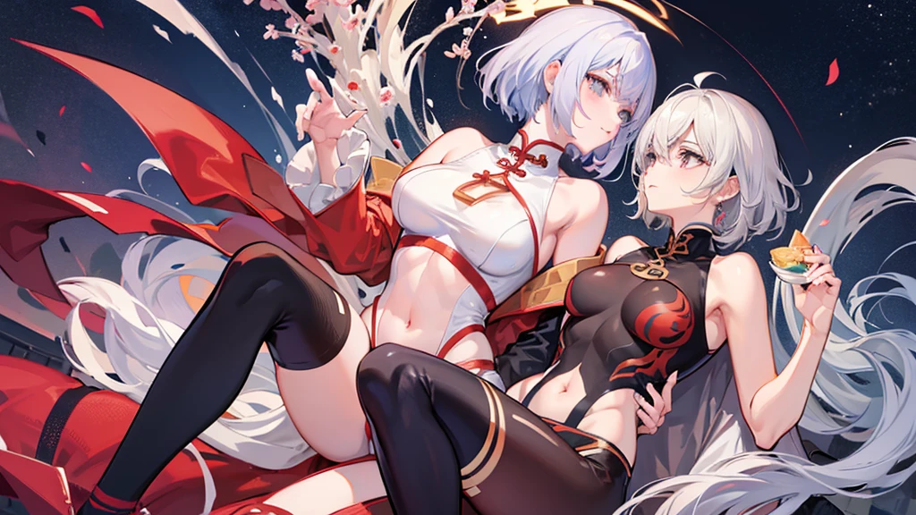 Anime Style、Silver super saiyan-like very short hair、Looking up at the sky from the ground、Adult women、Raise your chin 90 degrees、Chinese-style armor with red as its base color、Very thick thighs、Black thigh-high socks、Battlefield on a rainy night、Looking up at the sky from the ground、Six-pack、I can see my armpits, crotch, and navel.、