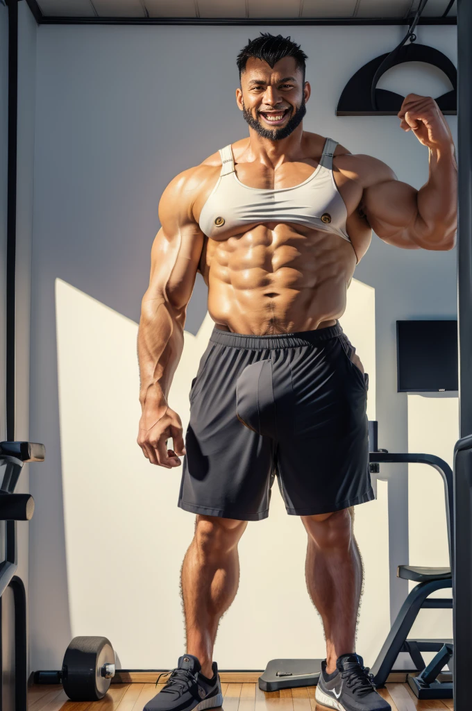 Authentic style,A strong gym teacher walks into the room,Take the barbell,Black barbell,Walking posture,Fitness coach,Grey vest,Looking at the camera,40-year-old Asian man image,open mouth,Showing canine teeth,Tiger Teeth,Looking at the camera,Slobber,Both hands,beard,Gray clothes,Wet clothes,A kind expression,Kind uncle,A polite greeting,Black short hair,Very short hair,(Fat-encapsulated muscle),Fit and fit,Mermaid line,Loose work shorts,Dirty pants,(There is a huge King Oyster Mushroom in my pants),Leg hair,Thick body hair,Black body hair,Leg hair,cloth shoes,toe,Sexy men,full-body shot,Real person photos,Correct anatomical shape of the limbs,indoor,White Wall,daytime,Full body shot,Upward camera angle,Fine skin texture,Soft Light,Low contrast images,Highest quality,4k quality,