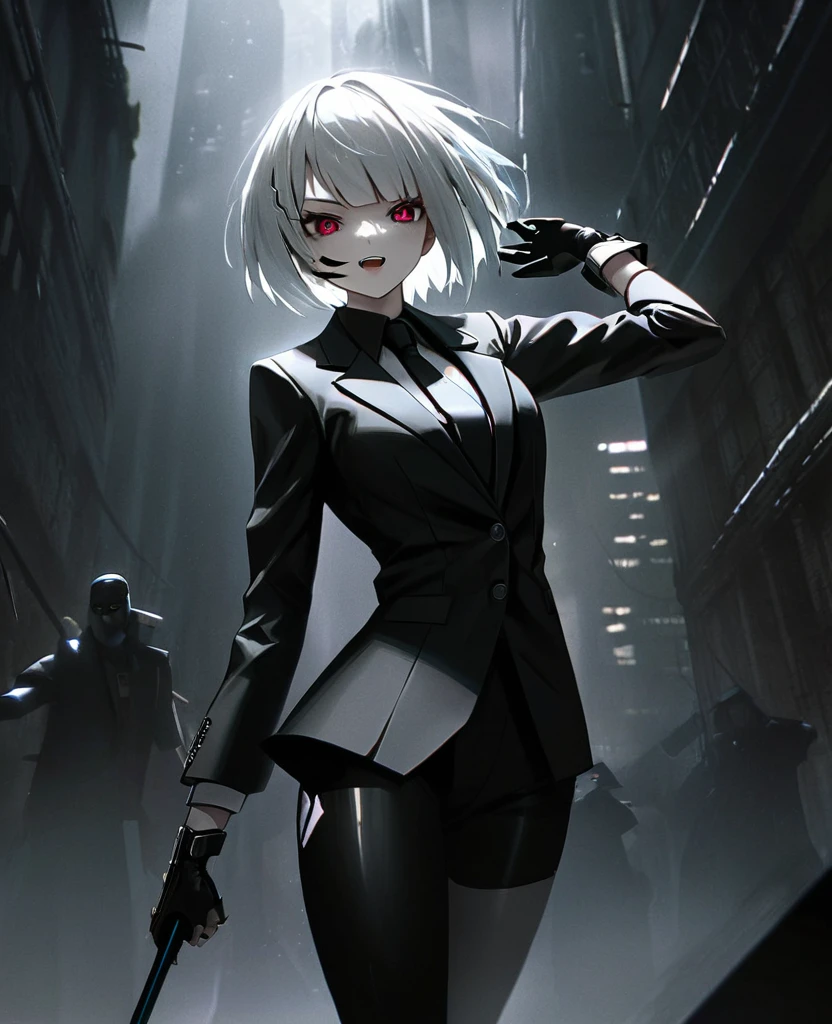 A fierce woman with short white hair, a prosthetic arm, sharp fangs, intense expression, wearing a black suit and black gloves, hyper-detailed, masterpiece, photorealistic, 8k, dramatic lighting, dark moody atmosphere, cinematic composition, chiaroscuro, dramatic shadows, intense colors, neon cyberpunk style