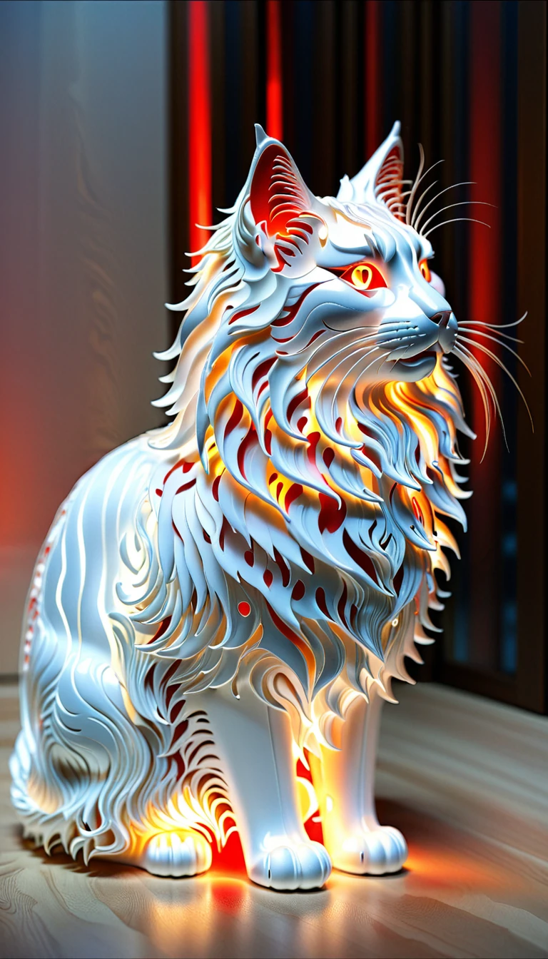 There is no one, realistic photo, realism, norwegian forest cat (Norwegian Forest Cat), future oriented, metal decoration, Shining red light inside, hollow interior, Polish, ray tracing, perfect composition, intricate details, Very sharp, masterpiece, profile, high resolution
