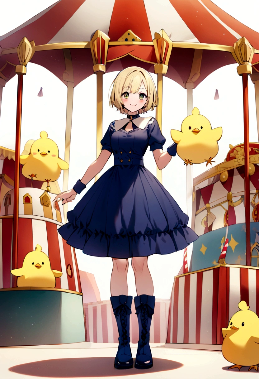 girl, whole body, short hair, Blonde Hair, small, yellow, smile,Circus, Chick, yellowと紺の衣装, Long navy blue boots