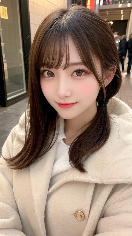 Tabletop, Highest quality, shape, Very detailed, finely, High resolution, 8k wallpaper, 完璧なダイナミックな構shape, Beautiful and detailed, Straight hair, Small breasts, Natural color lip, Random sexy poses,smile,20-year-old girl、Midnight、Beautiful and elaborate face、Perfect and beautiful face,Big eyes、RAW Photos、Expressing feminine poses with the whole body、Beautiful and detailed、Small face、Beautiful Duplex、Slim face and figure,Luxury brand mink coat(Inside:Winter clothes)、Beautiful golden ratio face,Twin ponytail,Bright expression,Shooting with a focus on beautiful legs
