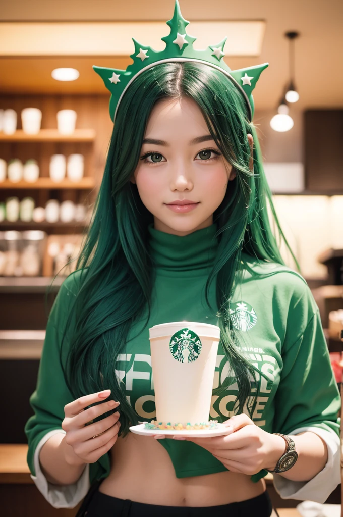 Starbucks logo mermaid, holding a birthday cake