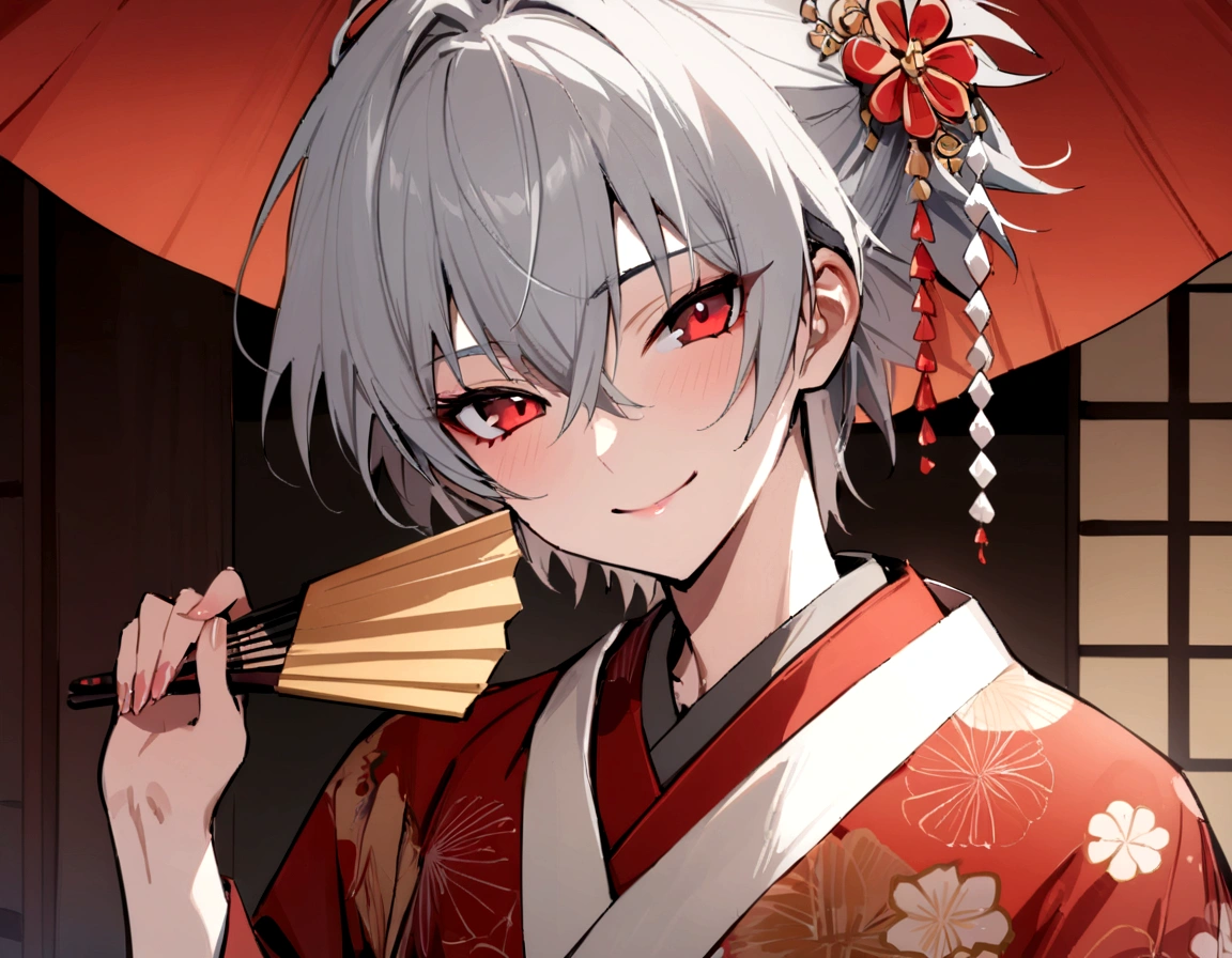 masterpiece, best quality, kaworu nagisa, cute, hot, elegant, seductive, red eyes, 1boy, ancient japan background, boy wearing female kimono, red decorative kimono, hair accessories, holding fan, smiling sweetly