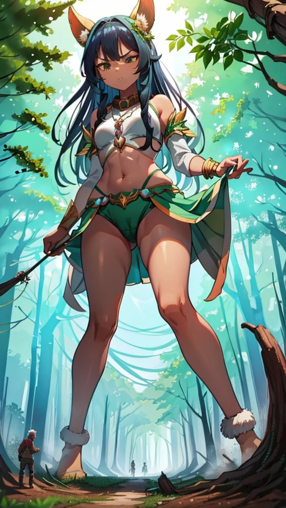 In a forest of large trees there is an even larger Amazonian giantess, with brown skin, black hair, thin, with clothes of the forest, and with very long legs, she is looking for small human invaders of the forest to destroy them so that they do not disturb the peace of the forest. Giantess, goddess, hot, black skin, tall legs, sexy, tiny people, tiny humans, crush, forest, trees, standing, group of small people, slim body, angry, gore