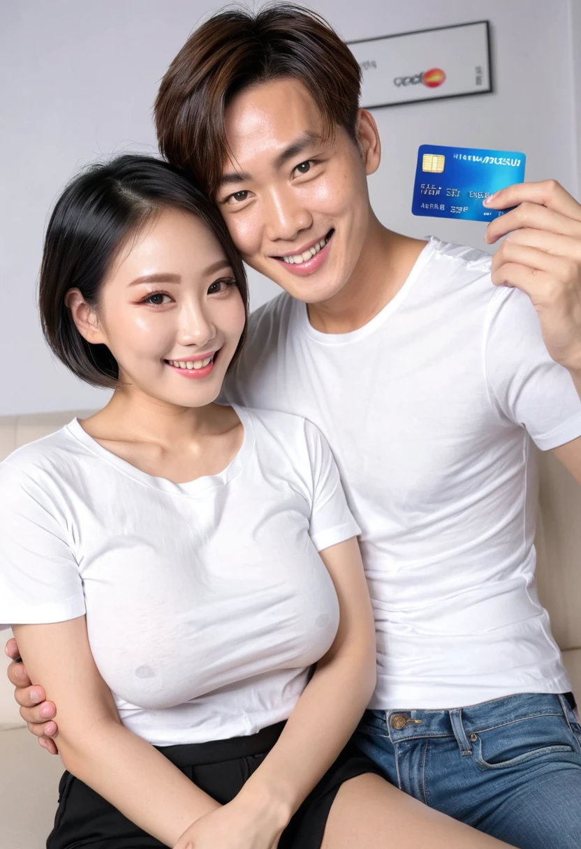AI big breasts_human Asian male性 male Short Hair short hair Plain white T-shirt Hug her looking at the camera smile holding credit card
