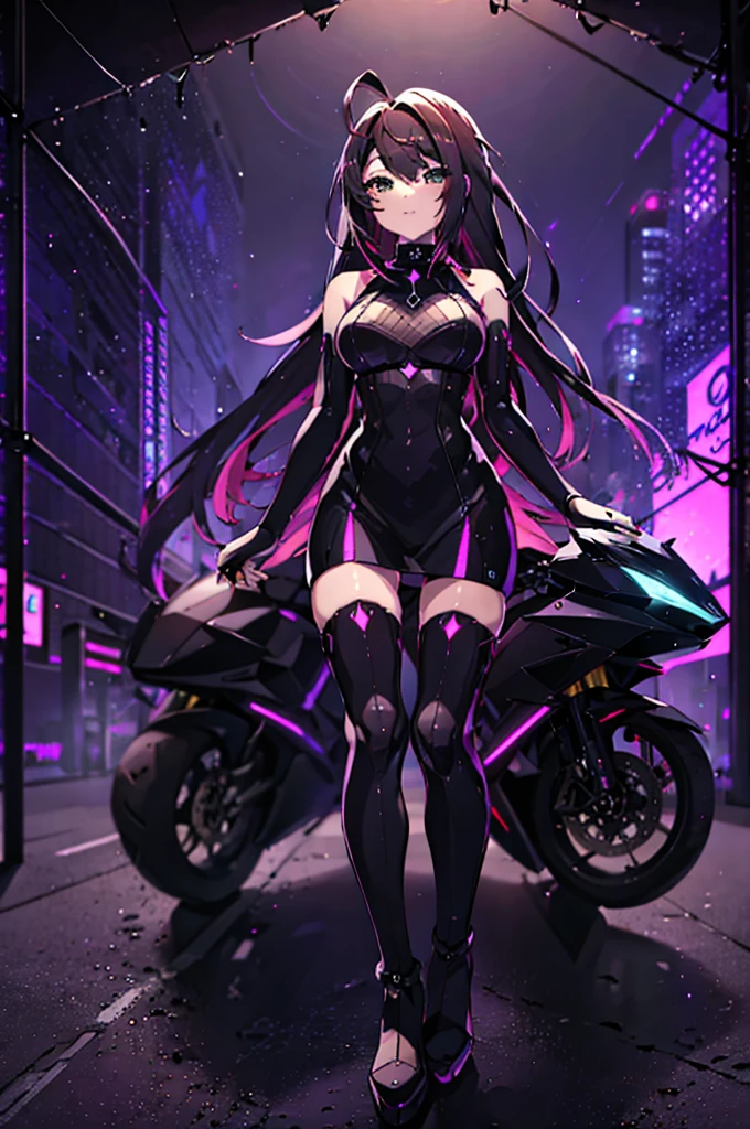 I imagine this girl with a futuristic appearance and full of mystery. Her body is wrapped in a purple and black bodysuit., Shiny chains intertwine around his arms and legs, as if they were metallic tattoos. The three-strand necklace, with its digit-shaped padlock, It is their symbol of submission and devotion.

Her red hair falls in waves over her shoulders., and his green eyes flash with a mixture of passion and obedience. The black dress fits her curves, enhancing her voluptuous figure. Each chain that tightens around her skin is a reminder of her role as a beloved slave..

In the dark garage, the girl prepares for her master. The cyberpunk motorcycle awaits, its shiny surface reflecting the neon lights of the city. The cat-shaped helmet gives it a mysterious look, and the tail that extends from the back of the seat seems to have a life of its own.

She rides the motorcycle with grace, speeding into the night. The wind whistles in his ears as he walks through the dark streets, ready to carry out her master&#39;s orders. In this futuristic world, where technology and passion intertwine, she is his slave, your confidant and your lover.

The girl with chains and a cyberpunk motorcycle is an enigma, a mixture of desire and bondage. Its story unfolds in the twinkling lights of the city, and his figure becomes a legend in the night streets. 