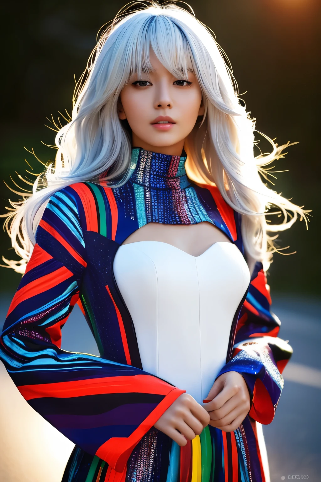 Masterpiece, high quality, high resolution, 8K, (solo:1.2), ((1girl)), Japanese woman, detailed face, detailed eyes, correct body structure, upper body, ((White hair:1.2)), very long hair, messy hair, slender body, seductive silhouette, luminous bones, depth of field, dark photo at nighttime, dimly lit, bangs, Cinematic Lighting, Tyndall effect, abstract background, futuristic outfits, vibrant colors, modern style, wide sleeves, artistic, unique patterns, colorful, stylish, trendy