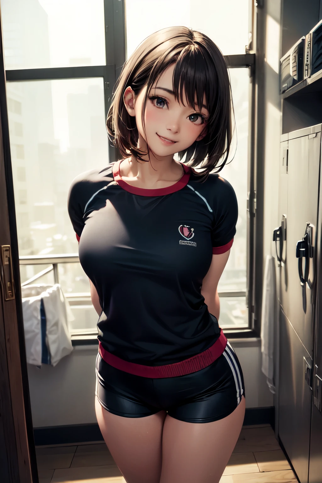 very cute and beautiful girl,(highly detailed beautiful face),(smile:1.2),happy,looking at viewer, (japanese ladies gym uniform),(blue bloomers),standing,arms behind back,detailed legs, locker room in training gym,black hair, (best quality,masterpiece),absurdres,highres,ultra-detailed,extremely detailed,32k,8k resolution, intricate details,cinematic scene,detailed background,solo,dynamic angle,