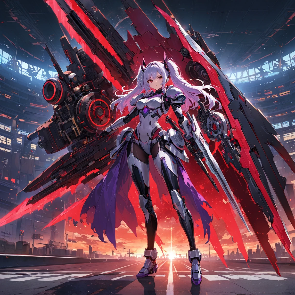 Very detailed explanation、Highly detailed and realistic、masterpiece、8hair、Bright colors、髪と顔だhairが特徴の女の子、Chrome-plated machine body with attention to detail、Ball joint arm、(Abdominal rotary power unit、Rotating blade power unit that emits red light)、Purple and silver breastplate and shoulder pads、Dark Mechanical Legs、腹部の電源からの光だhairが明るく光る.、A dark heroine standing in the dark night、Body points々The little light is on、Unlit airport runway