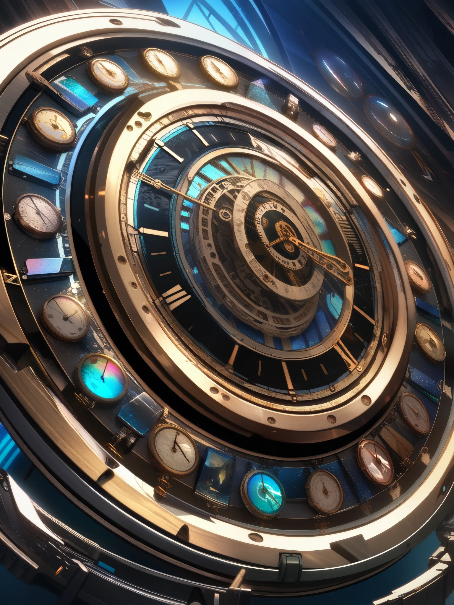 32k, best quality, ultra high res, HDR, UHD, extremely detailed CG, unity 32k wallpaper, Iridescent clock, The Clockwork World,