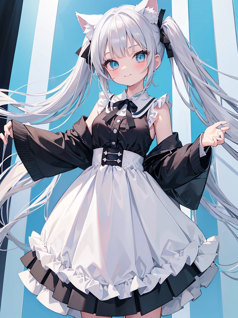 ((masterpiece)) , Aqua Eye, Silver Hair,Twin tails、Beautiful white skin、Cat ear,Black Ribbon, White Sailor Suit、White pleated skirt , Sleeveless, ((Charm))、smile、Perfect proportions、Round Breasts、Simple Background