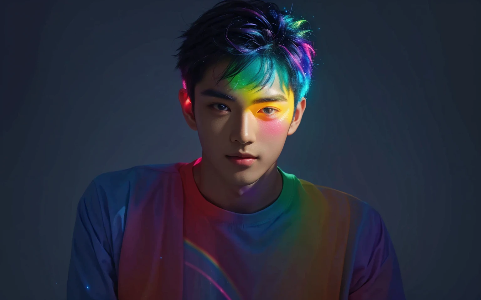 Arav image of a man with rainbow light on his face, Glowing rainbow face, Portrait of an Asian boy, Glowing with color, He radiates light, Radiant face, Colorful light, glowwave, The face is illuminated, Glossy digital painting, Vibrant numbers, Colorful numbers